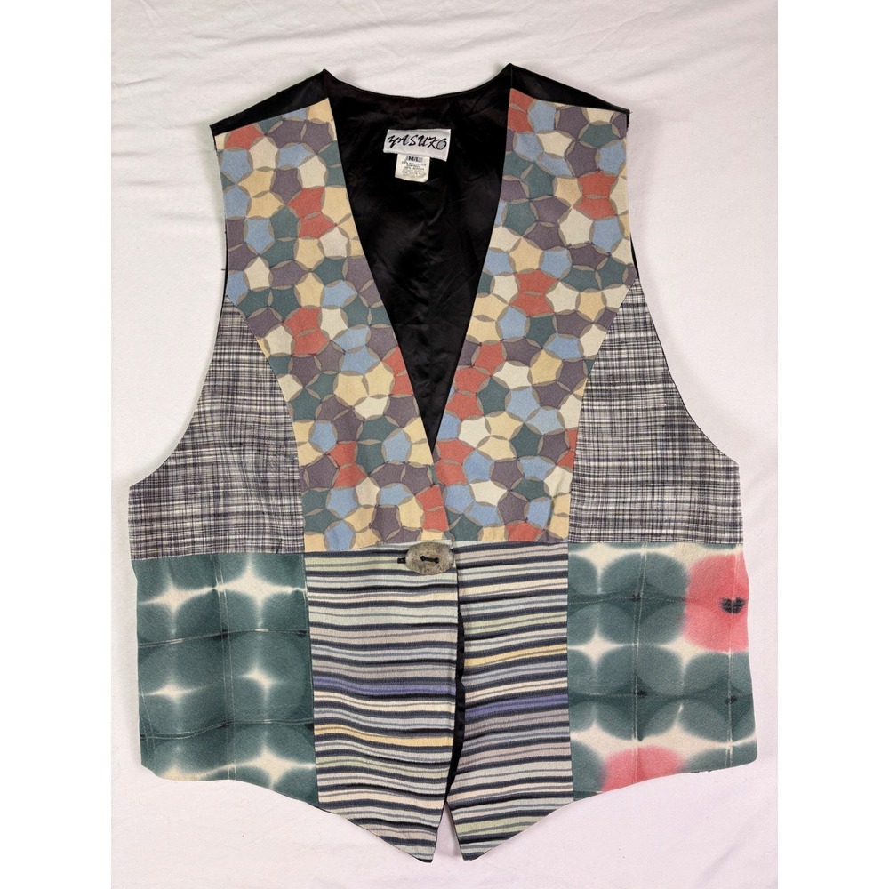 Vintage 90s Yasuko Patchwork Kimono Silk Vest M/L Artsy Geometric Boho Lagenlook - Picture 4 of 7